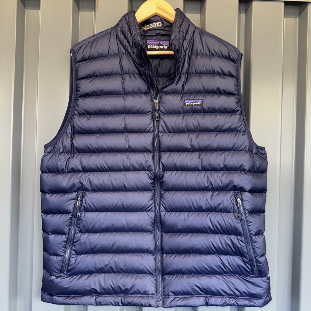 Patagonia Down Vest Men's XL  Down Sweater Puffer Full Zip Blue Embroiderd